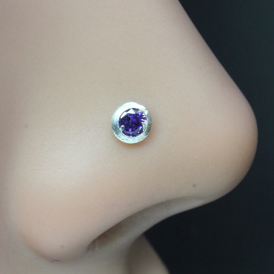 925 Real Silver Nose Stud Purple CZ Twisted nose ring L Bend 24g