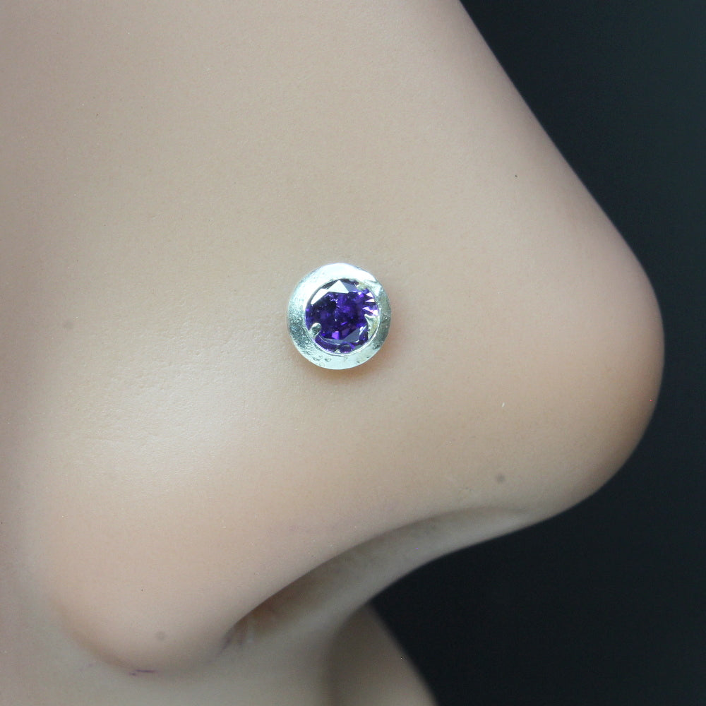 925 Real Silver Nose Ring with Purple stone