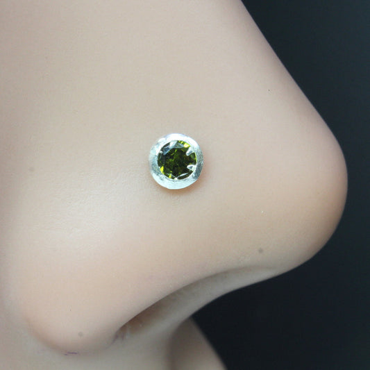 925 Real Silver Nose Stud Green CZ Twisted nose ring L Bend 24g