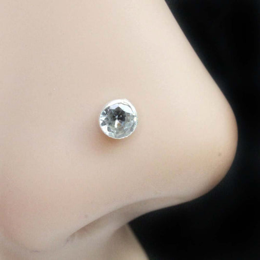 925 Real Silver Nose Stud White Round CZ Corkscrew nose ring L Bend