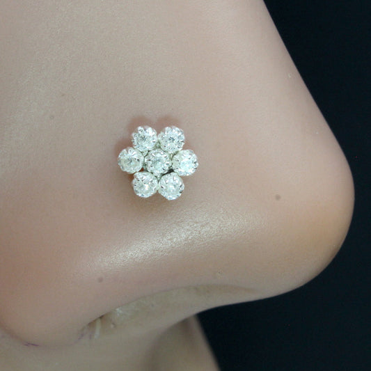 Tiny Flower 925 Sterling Silver White CZ Indian Style Nose ring 