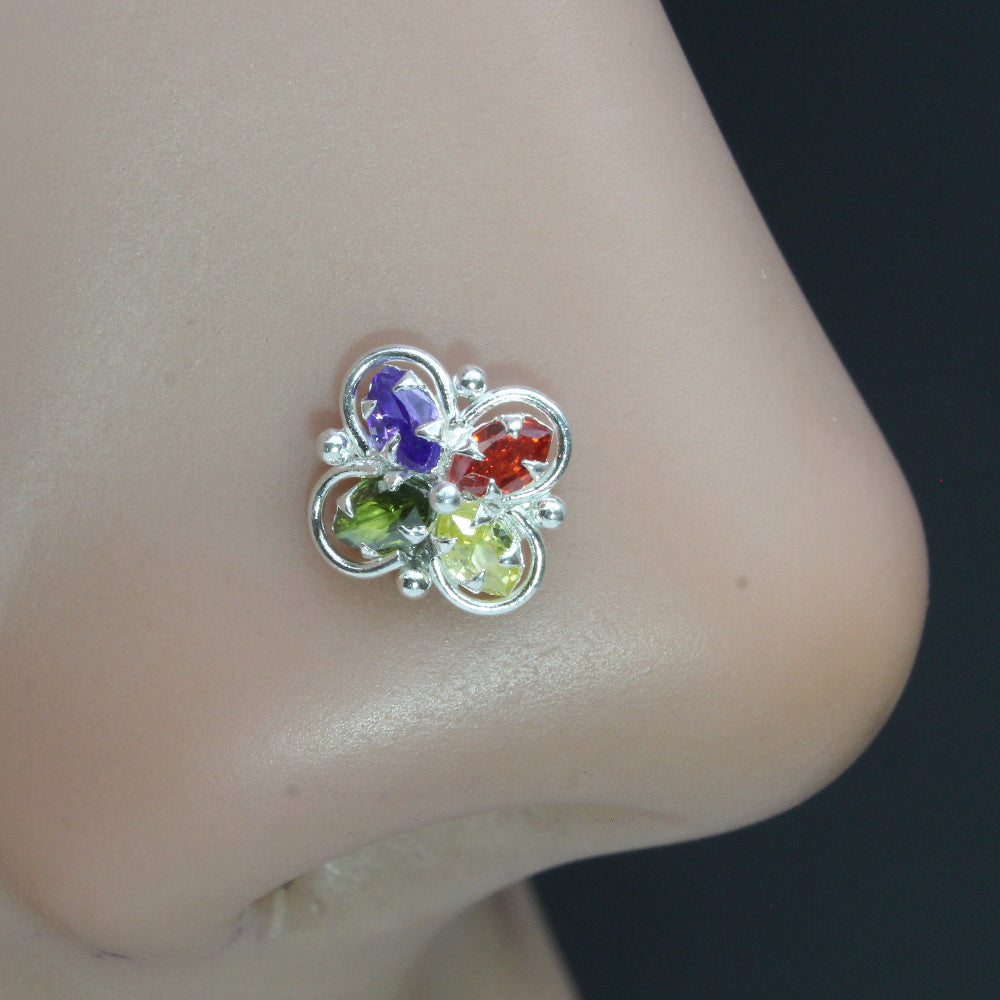 Floral Square Style 925 Sterling Silver Multi-color CZ Nose ring 