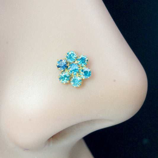 Round Flower Style Real Gold CZ Nose Stud Solid Yellow Gold