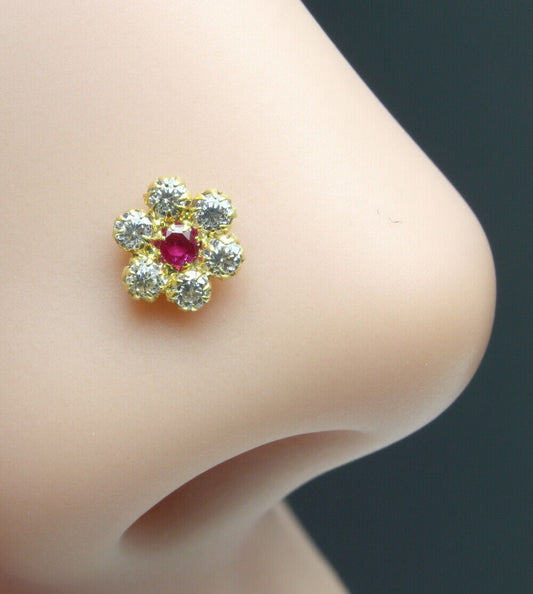  14k Yellow Gold Floral Style Real Gold Pink White CZ Nose Stud 