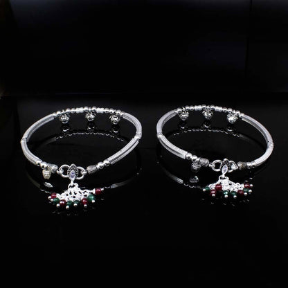 Real Oxidized Silver Indian White CZ Kada Anklets Bracelet Pair- 8cm