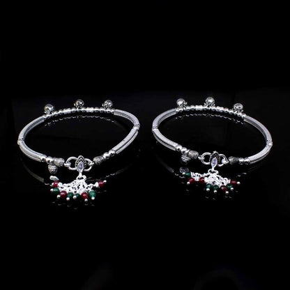 Real Oxidized Silver Indian White CZ Kada Anklets Bracelet Pair- 8cm