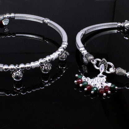 Real Oxidized Silver Indian White CZ Kada Anklets Bracelet Pair- 8cm