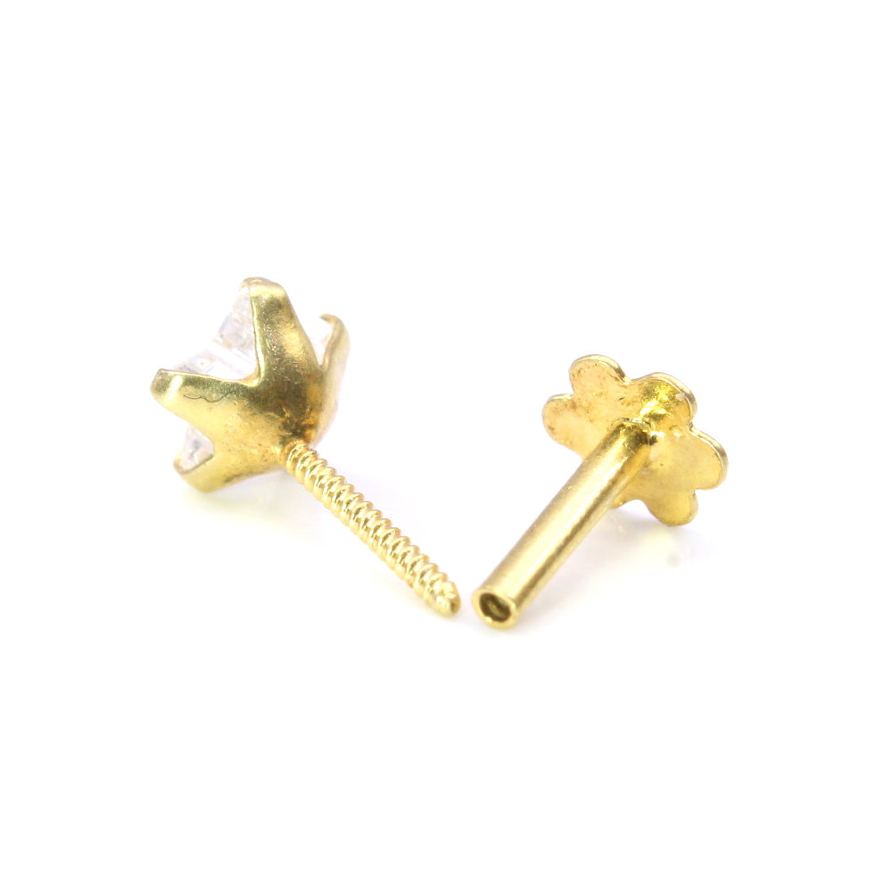 Real Gold Nose stud White CZ 14K Ethnic  Piercing Screw Nose stud