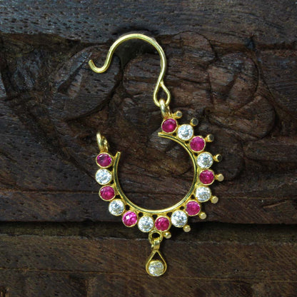  14k Real Gold Big Indian Nath Pink White CZ