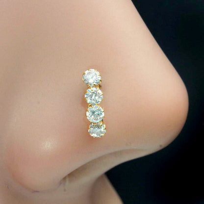 Style Dangle CZ Studded Body Piercing Jewelry Nose Stud Pin Solid Real 14k Yellow Gold 