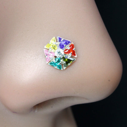 Beautiful 925 Indian Solid Silver Multicolor CZ Studded Nose ring