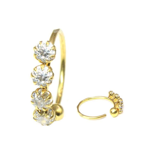 18k Real Yellow Gold Charming 4 Stone White CZ Studded Nose Hoop Ring 