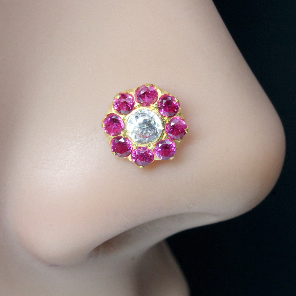 Beautiful Flower 14K Pure Gold Pink White CZ Indian Style Nath