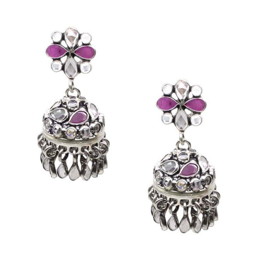 Hanging Silver Jhumki Earrings with pink and white stones