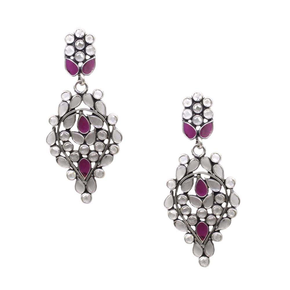 Cute Ethnic Traditional Style Real Silver Pink White CZ Dangle Earrings