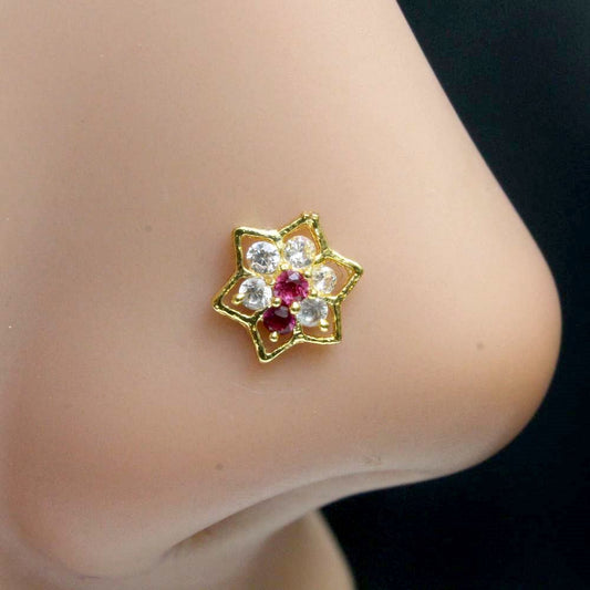 Indian Star Flower Style Nose ring Pink White CZ Twisted piercing nose ring 22g