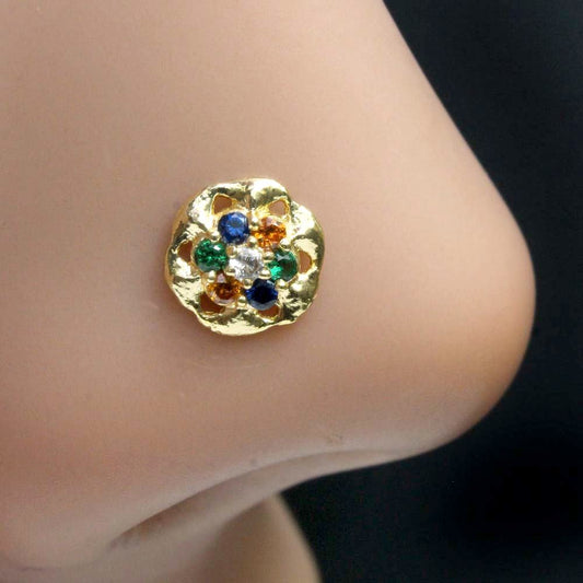 Beautiful Round Flower Indian Nose ring Multicolor CZ Twisted nose ring 22g - QD