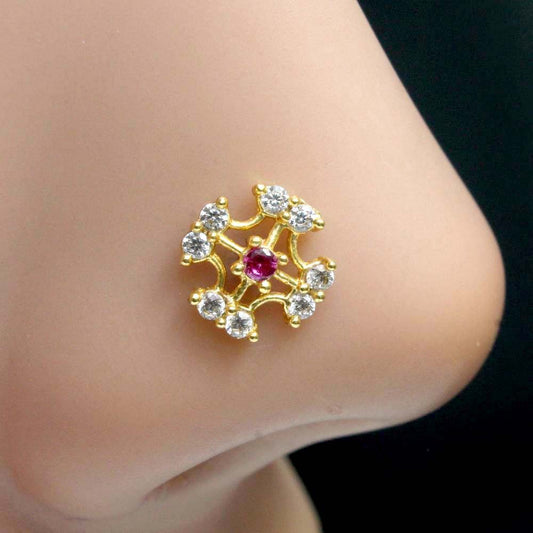 Cute Ethnic Indian Style Nose ring Pink White CZ Twisted nose ring 22g - QD