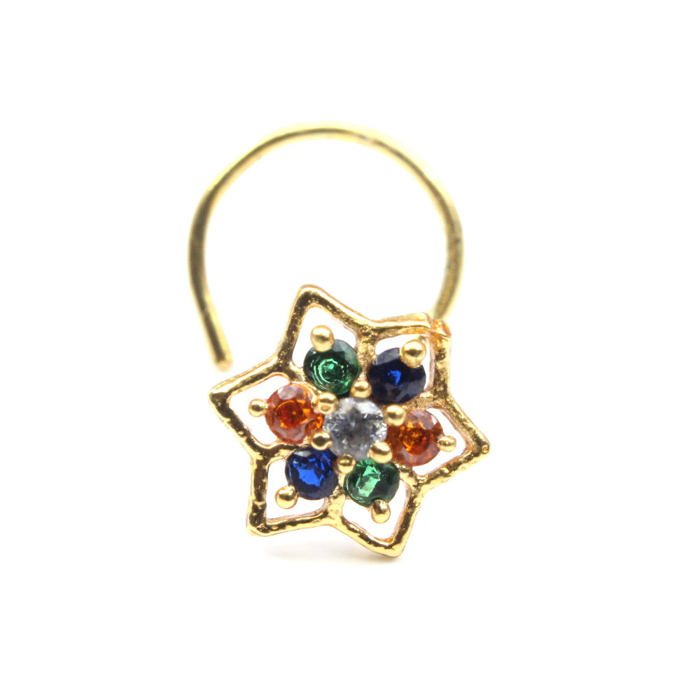 Floral Star Style Indian Nose ring Multicolor CZ Twisted nose ring 22g - QD