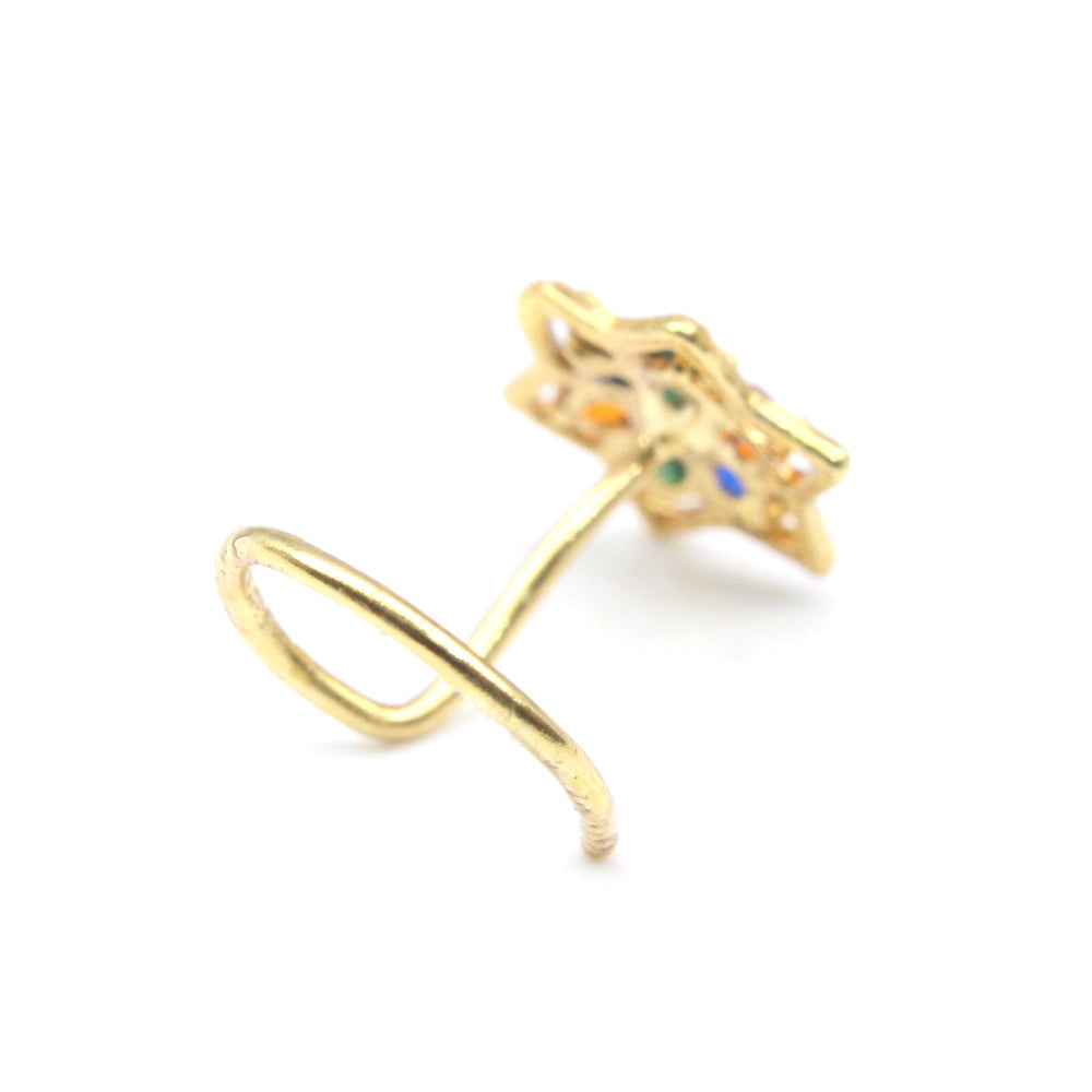 Floral Star Style Indian Nose ring Multicolor CZ Twisted nose ring 22g - QD