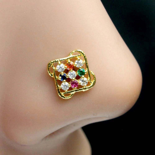 Beautiful Square Indian Style Nose ring Multicolor CZ Twisted nose ring 22g - QD