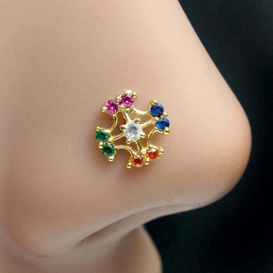 Beautiful Ethnic Indian Nose ring Multicolor CZ Corkscrew nose ring 22g- QD