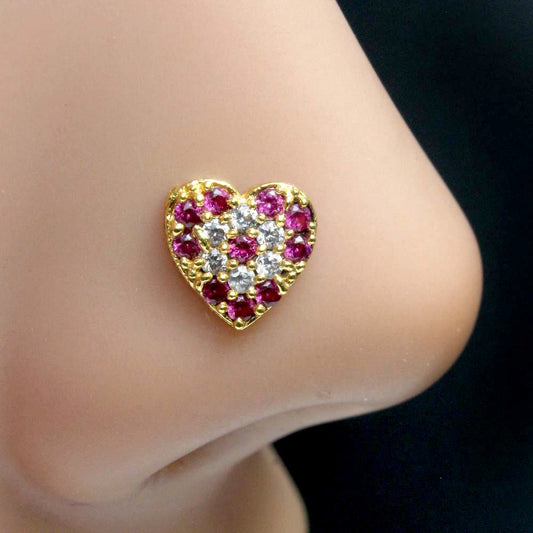 Beautiful Indian Heart Style Nose Stud Pink White CZ Twisted nose ring 22g - QD
