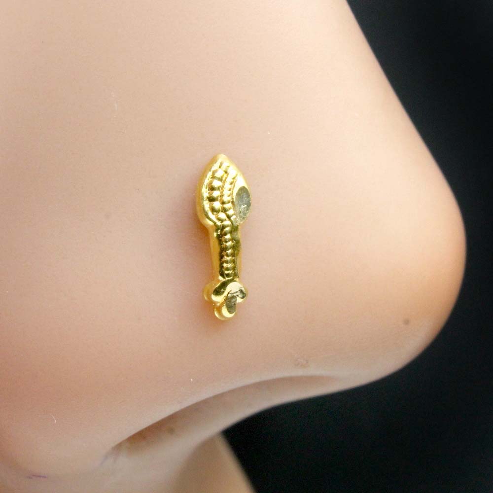 14K Solid Gold Nose Stud Indian Women Traditional Vertical