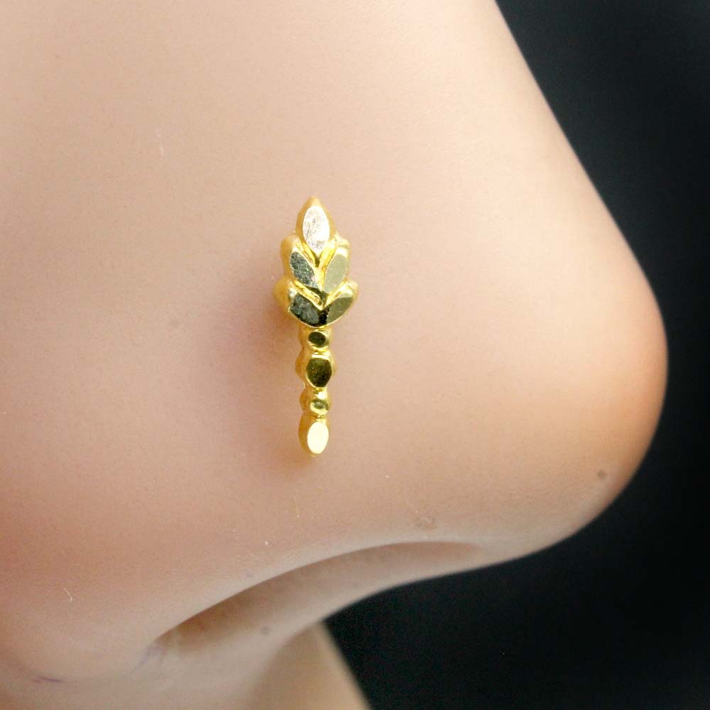 14K Pure Gold Nose Stud Indian Leaf Vertical Style