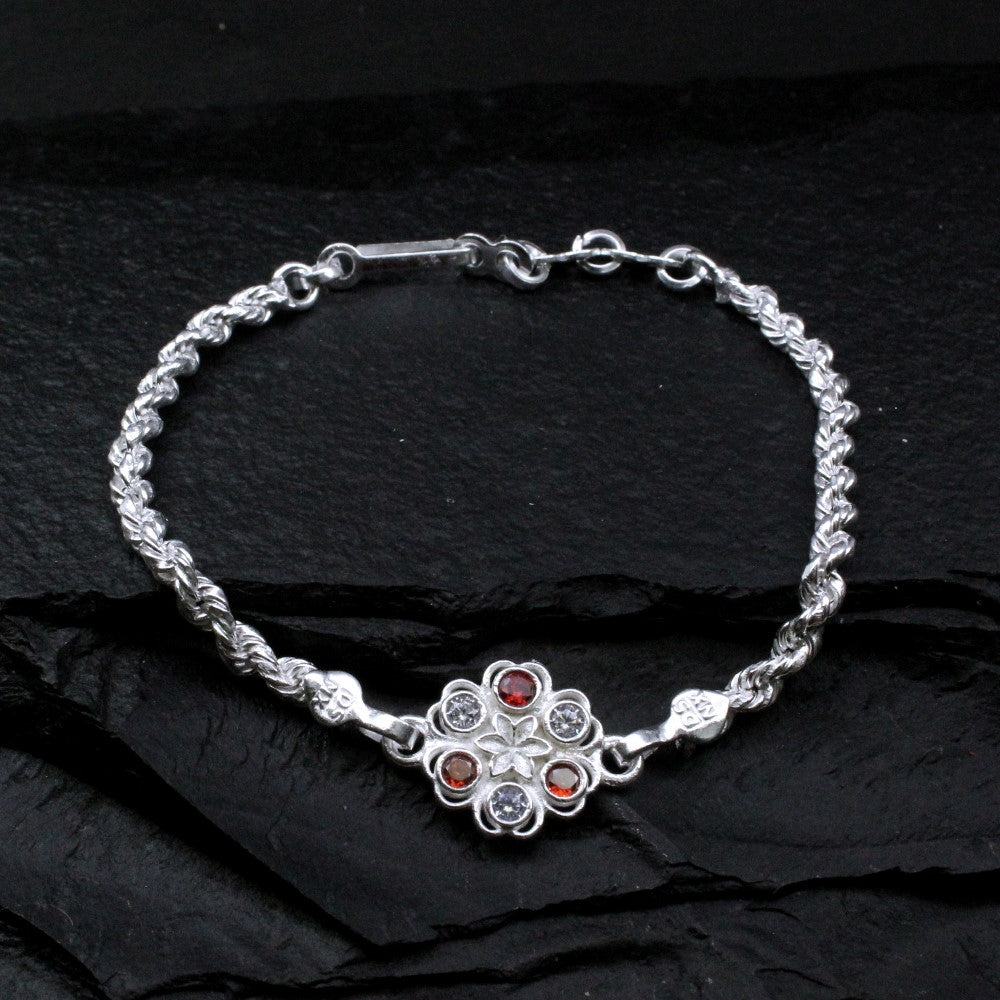 Real Silver Red White CZ bracelet Rakhi for men women 7.5"