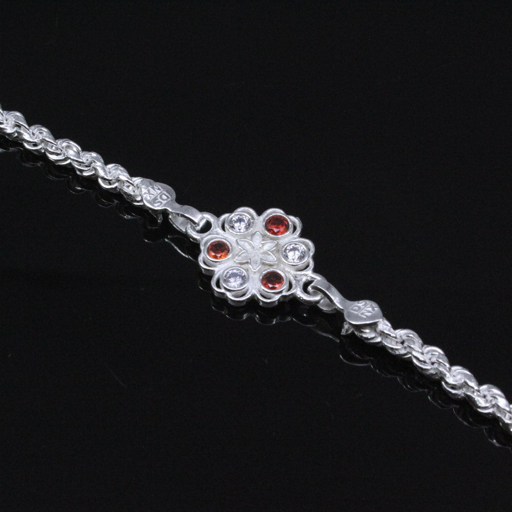 Real Silver Red White CZ bracelet Rakhi for men women 7.5"