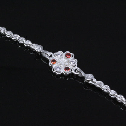 Real Silver Red White CZ bracelet Rakhi for men women 7.5"