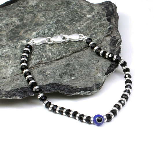 Sterling Silver Nazariya with Evil Eye blue Black beads protection Bracelet 7&quot;