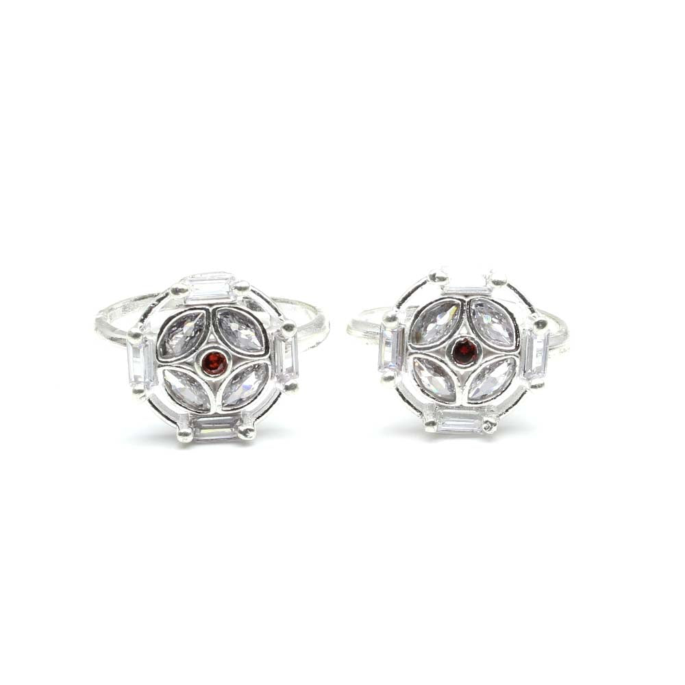 Real 925 Silver Cute Indian Ethnic Style Women Red White CZ Toe Ring Pair