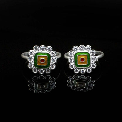 Traditional Ethnic Real 925 Silver Indian Style Women White CZ Toe Ring Pair