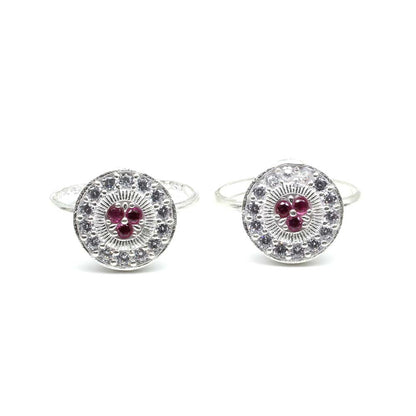 Real Solid 925 Silver Wheel Style Indian Women Pink White CZ Round Toe Ring Pair