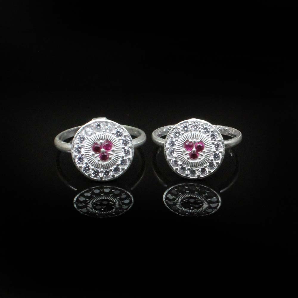 Real Solid 925 Silver Wheel Style Indian Women Pink White CZ Round Toe Ring Pair