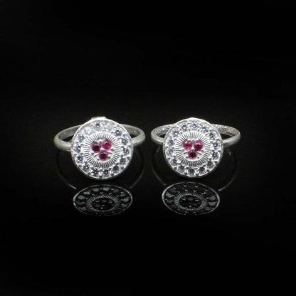 Real Solid 925 Silver Wheel Style Indian Women Pink White CZ Round Toe Ring Pair