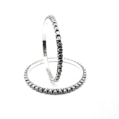 Cute Real Silver Oxidized White CZ Women Bangles Bracelet 5.7 CM - Pair