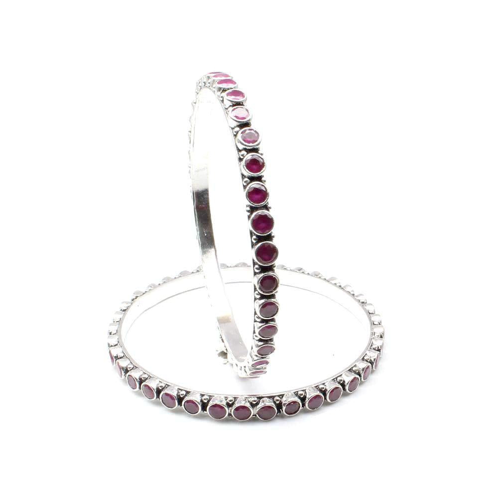 Cute Real 925 Silver Pink CZ Indian Style Women Oxidized Bangles Bracelet - 6 CM