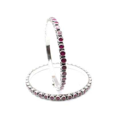 Cute Real 925 Silver Pink CZ Indian Style Women Oxidized Bangles Bracelet - 6 CM