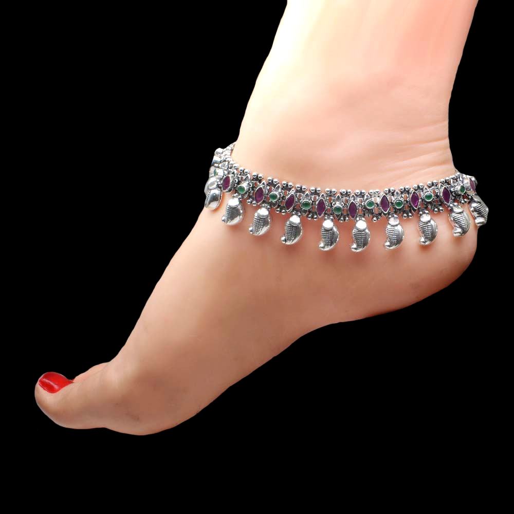 Indian Ethnic Style Oxidized Real Silver Pink White CZ Anklets for Women 10.2"