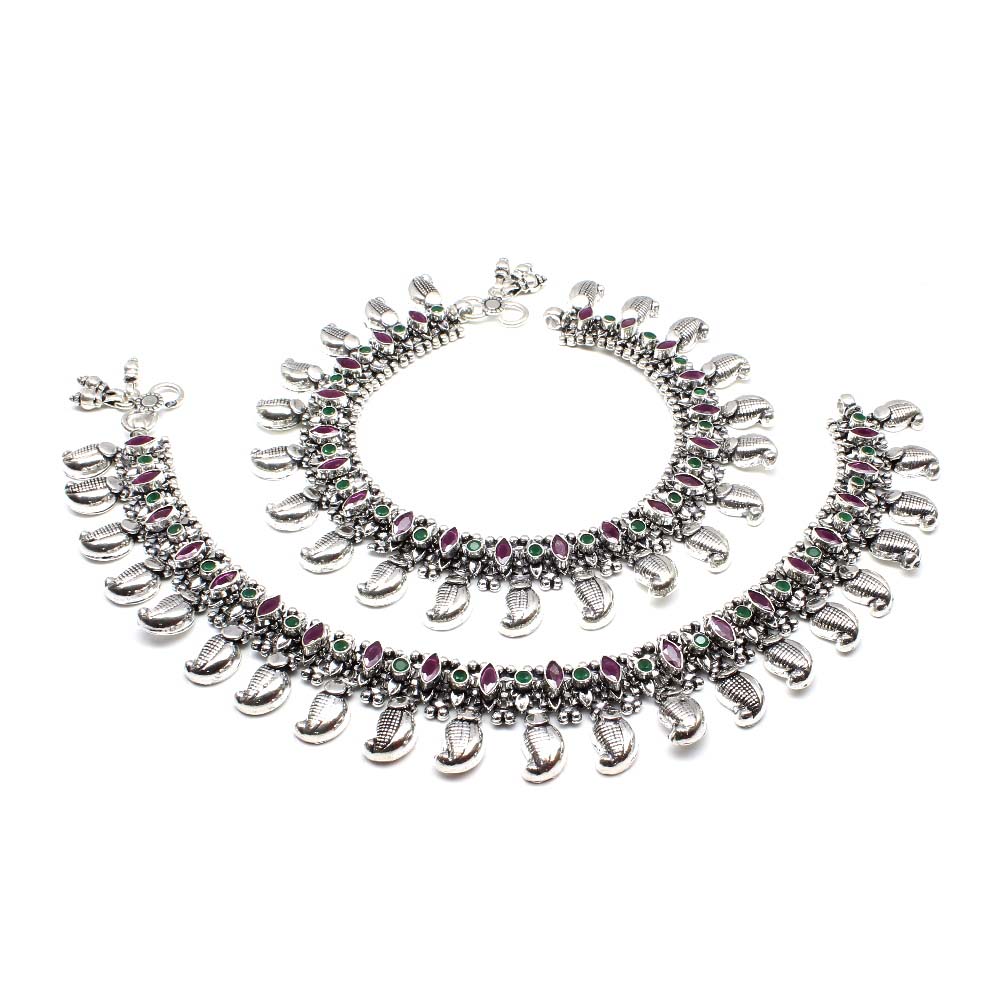 Indian Ethnic Style Oxidized Real Silver Pink White CZ Anklets for Women 10.2"