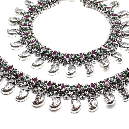 Indian Ethnic Style Oxidized Real Silver Pink White CZ Anklets for Women 10.2"