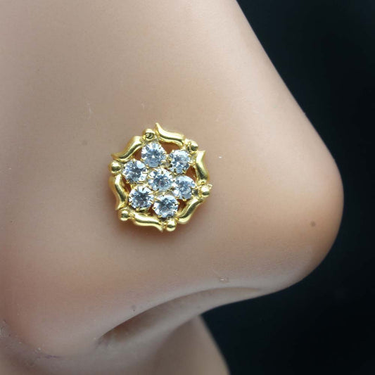 Round Flower Gold Plated Indian Style Nose Studs CZ Twisted Select nose ring