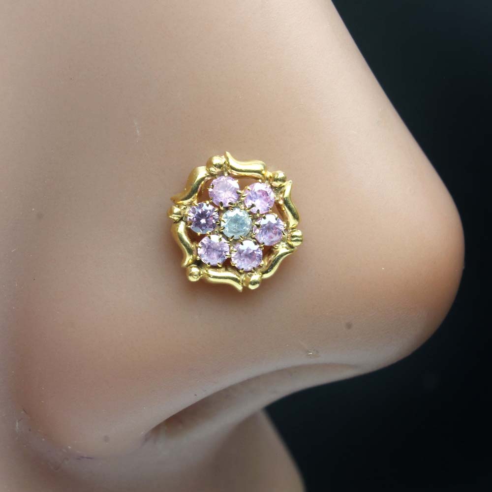 Round Flower Gold Plated Indian Style Nose Studs CZ Twisted Select nose ring