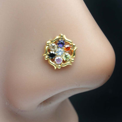 Round Flower Gold Plated Indian Style Nose Studs CZ Twisted Select nose ring