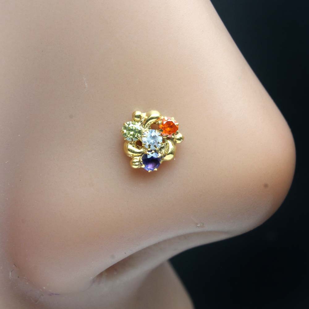 Beautiful Small Gold Plated Indian Style Nose Studs CZ Corkscrew nose ring