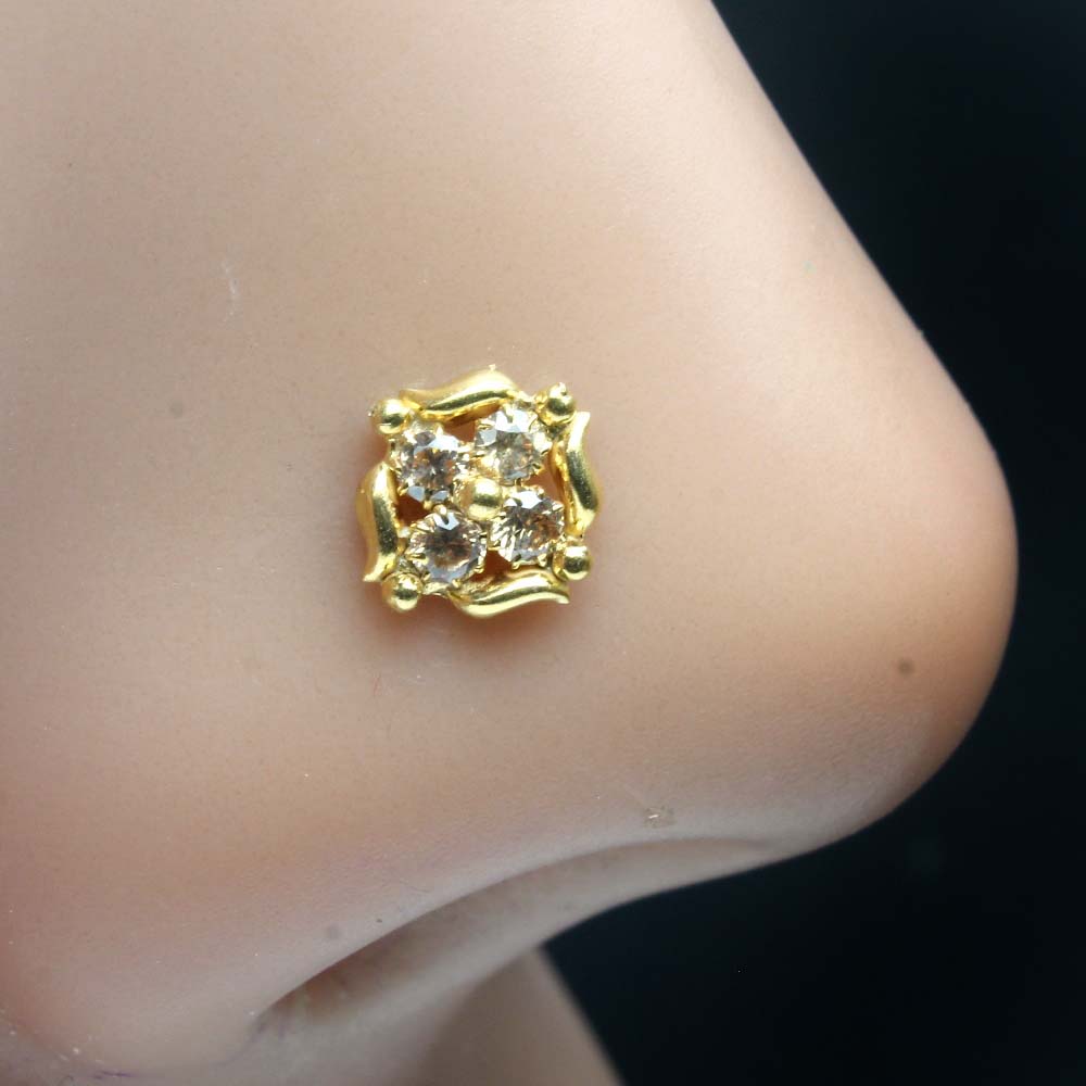 Cute Ethnic Gold Plated Indian Style Nose Studs CZ Twisted nose ring