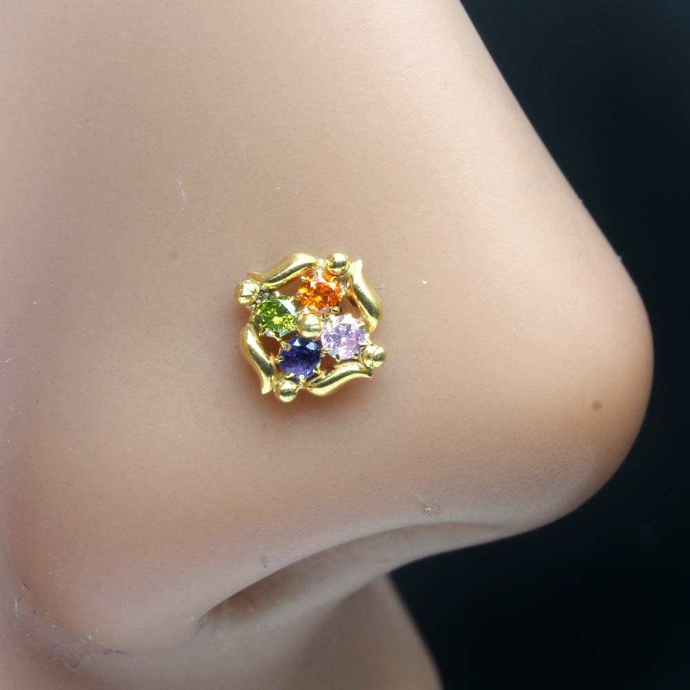 Cute Ethnic Gold Plated Indian Style Nose Studs CZ Twisted nose ring